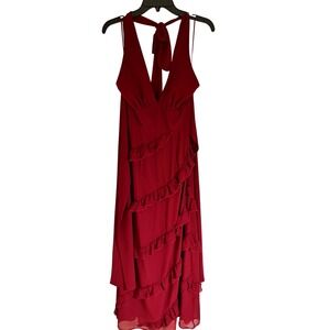 American Threads Burgundy Halter Ruffle Midi Dress Wine Red Small BR0092W
